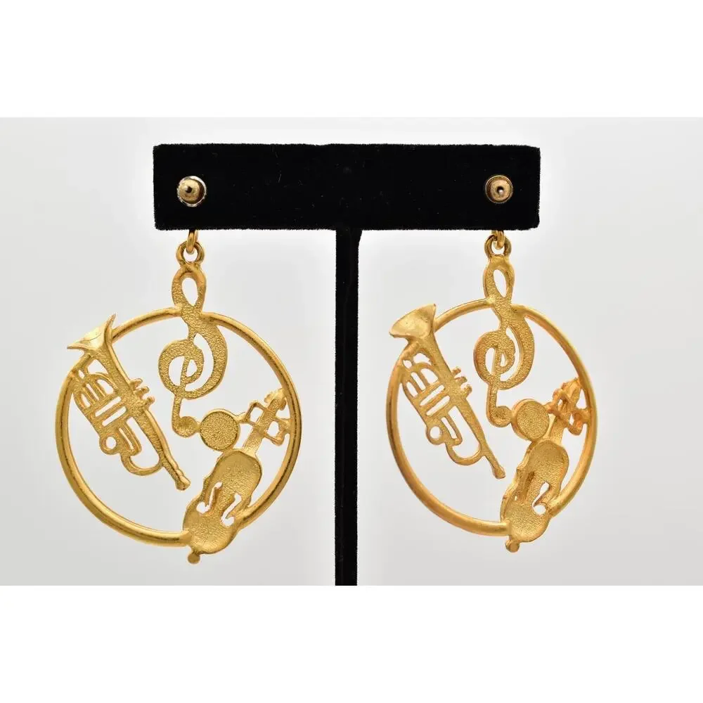 Vintage Musical Dangle Earrings Instrument Brushed Gold Matte NOS 1980s BinBK